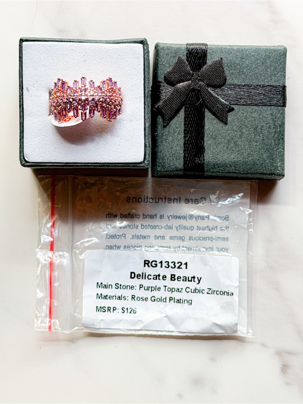 Bomb Party Delicate Beauty Purple Topaz CZ Rose Gold Ring Size 6 Cocktail NWT